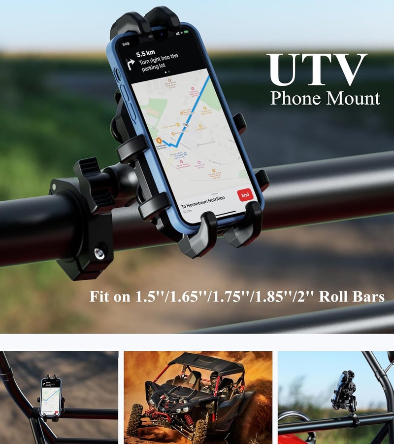 BRCOVAN UTV Phone Mount with Vibration Dampener, Adjustable Heavy Duty UTV Roll Cage Cellphone Holder Fit on 1.5''/1.65''/1.75''/1.85''/2'' Roll Bar, Compatible with 5.4''-6.9'' Smartphones - Image 2